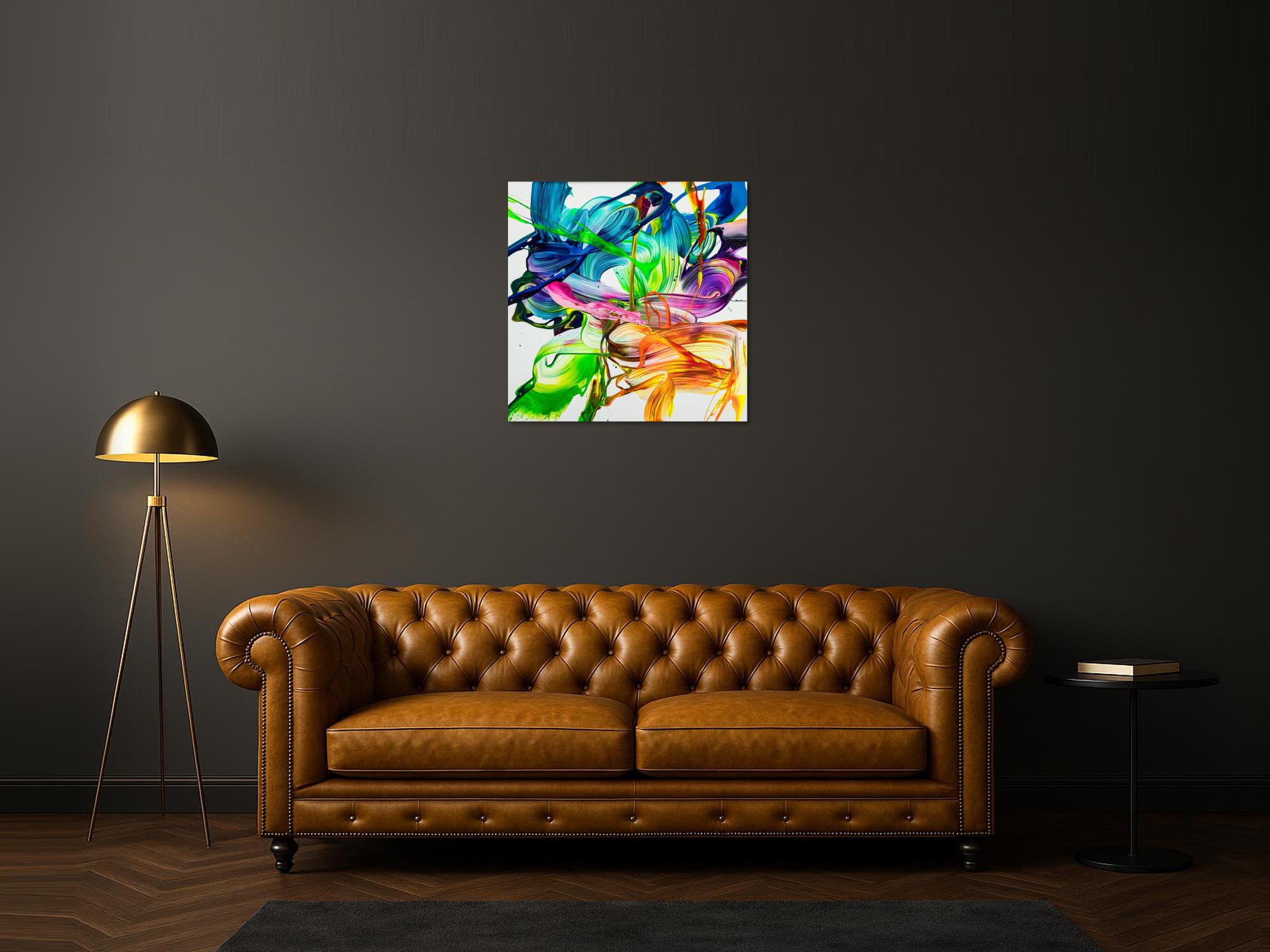 Abstraktes Original Gemälde 80x80cm Action Painting auf Leinwand Mischtechnik Neon Farben weiß bunt hellgrün einzigartig