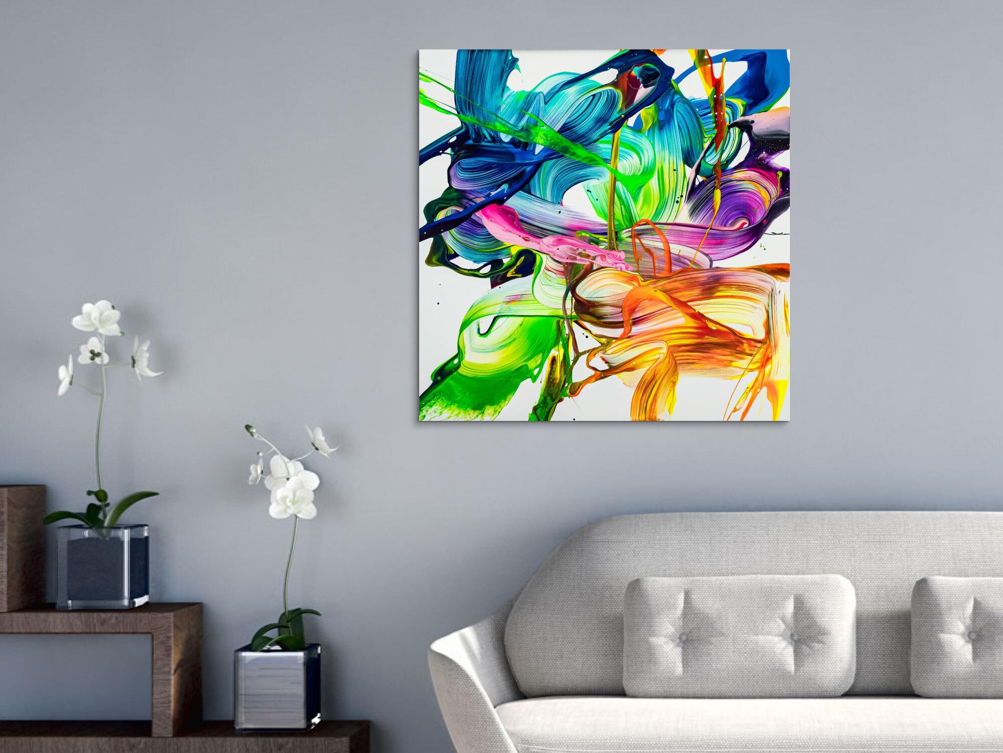 Abstraktes Original Gemälde 80x80cm Action Painting auf Leinwand Mischtechnik Neon Farben weiß bunt hellgrün einzigartig