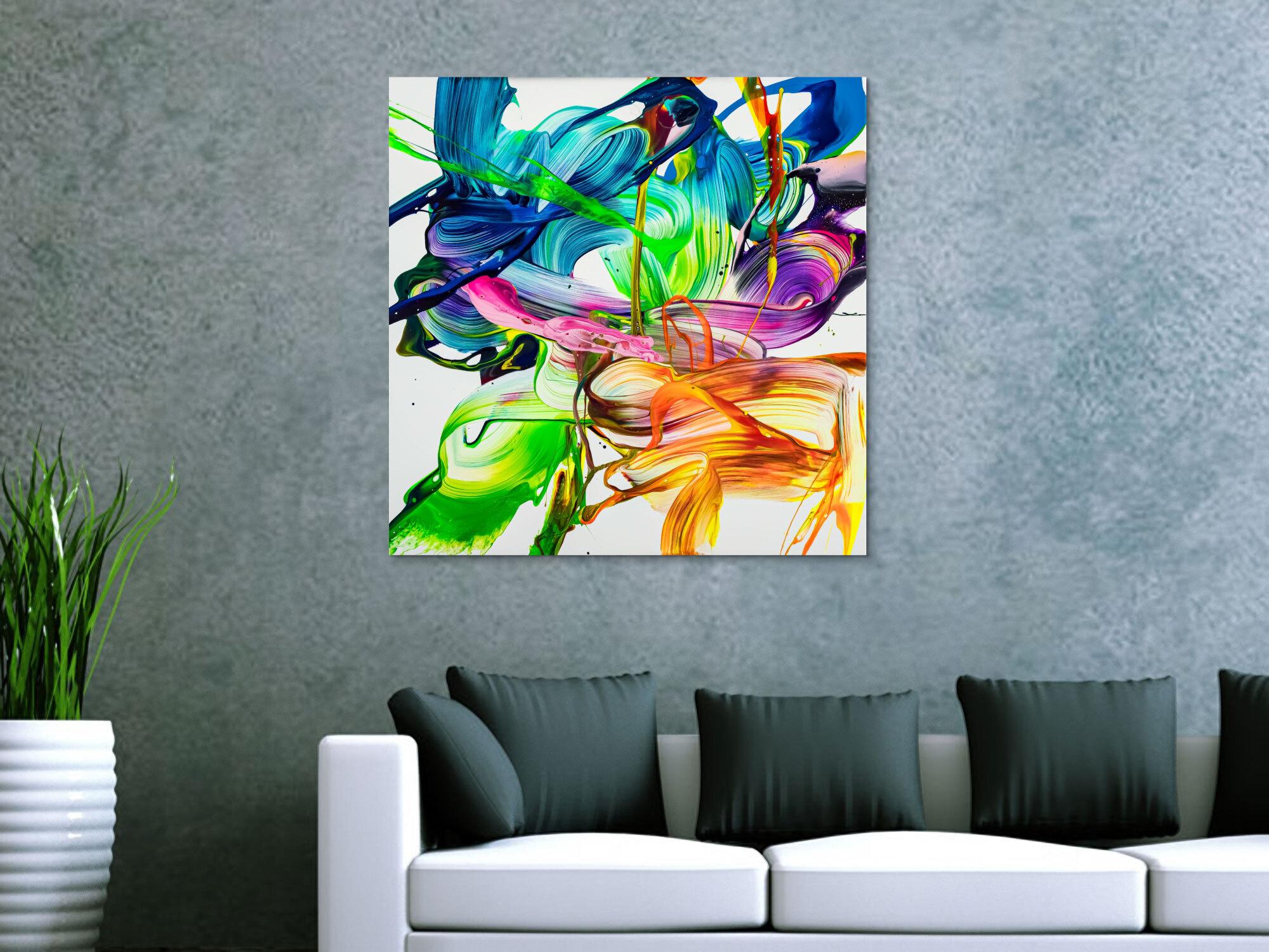 Abstraktes Original Gemälde 80x80cm Action Painting auf Leinwand Mischtechnik Neon Farben weiß bunt hellgrün einzigartig