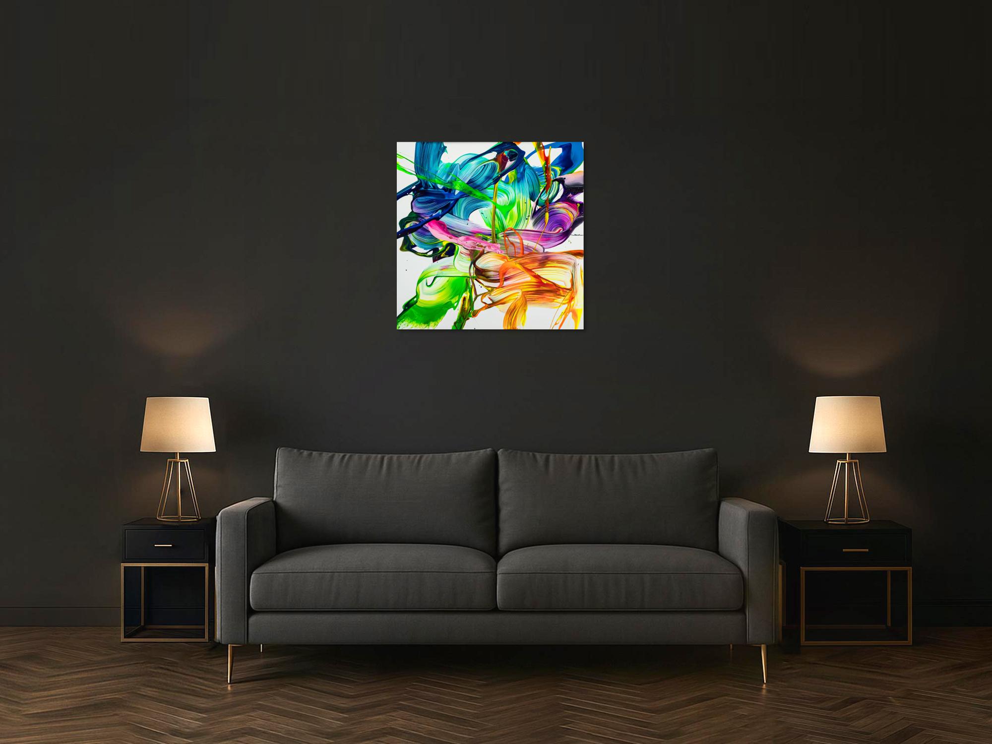 Abstraktes Original Gemälde 80x80cm Action Painting auf Leinwand Mischtechnik Neon Farben weiß bunt hellgrün einzigartig