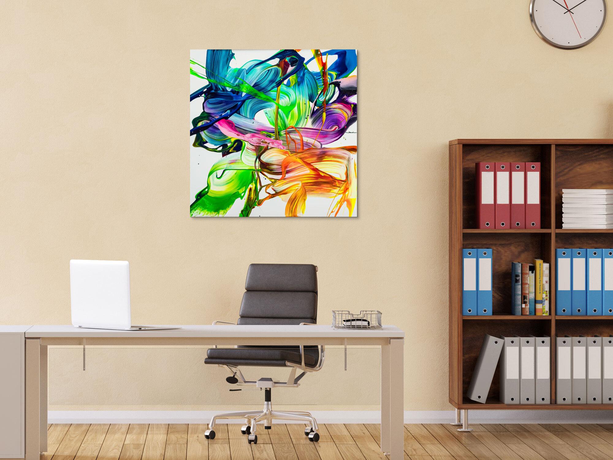 Abstraktes Original Gemälde 80x80cm Action Painting auf Leinwand Mischtechnik Neon Farben weiß bunt hellgrün einzigartig