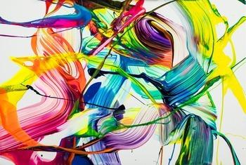 Original Gemälde abstrakt 60x90cm Action Painting Moderne Kunst auf Leinwand NEON Farben weiß bunt gelb einzigartig