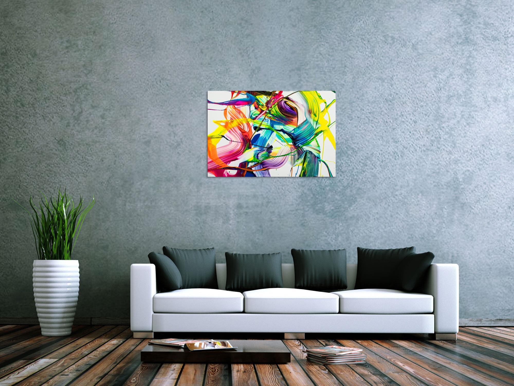 Original Gemälde abstrakt 60x90cm Action Painting Moderne Kunst auf Leinwand NEON Farben weiß bunt gelb einzigartig
