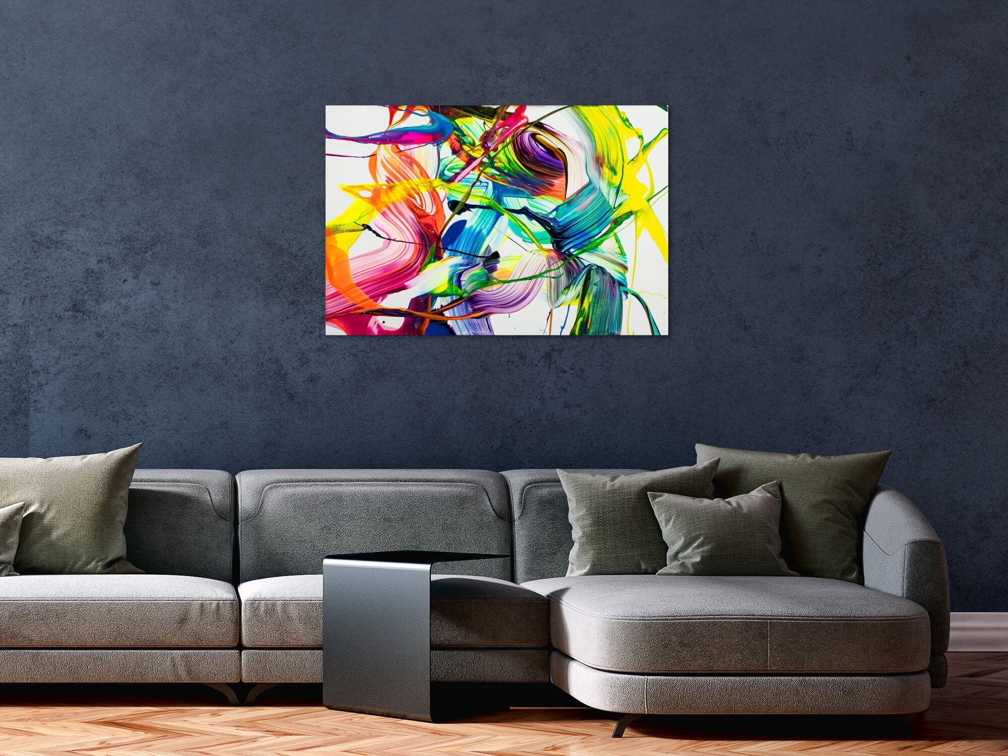 Original Gemälde abstrakt 60x90cm Action Painting Moderne Kunst auf Leinwand NEON Farben weiß bunt gelb einzigartig