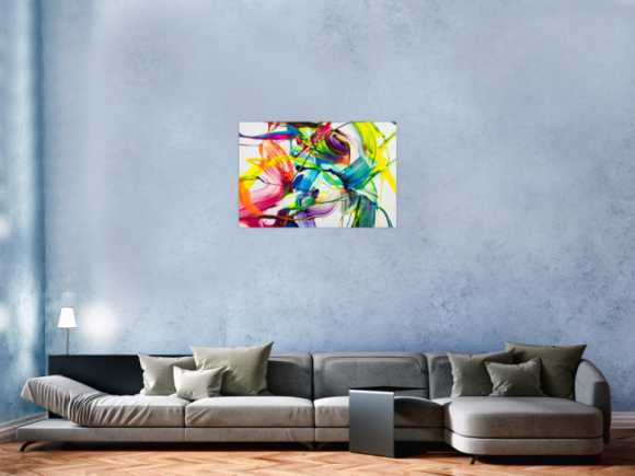 Original Gemälde abstrakt 60x90cm Action Painting Moderne Kunst auf Leinwand NEON Farben weiß bunt gelb einzigartig