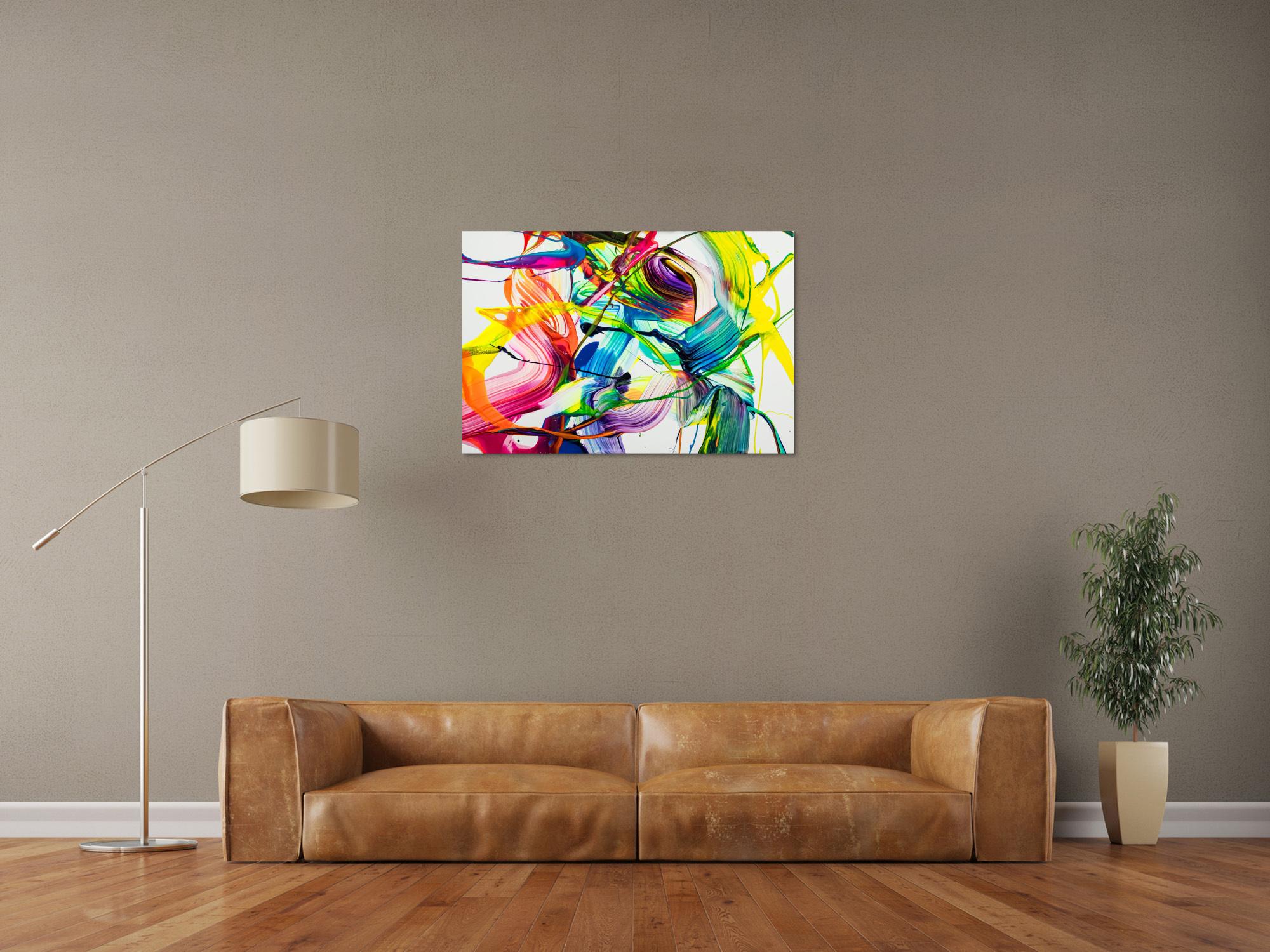 Original Gemälde abstrakt 60x90cm Action Painting Moderne Kunst auf Leinwand NEON Farben weiß bunt gelb einzigartig