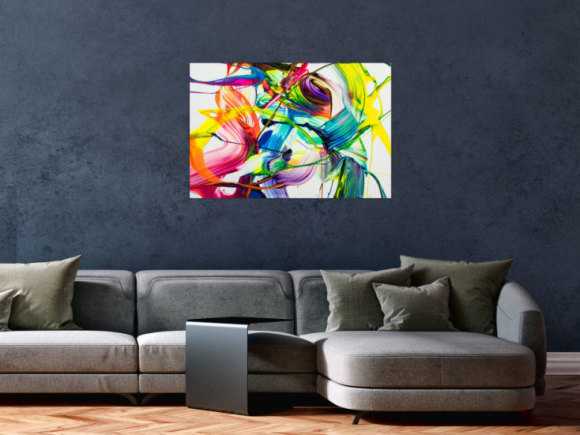 Original Gemälde abstrakt 60x90cm Action Painting Moderne Kunst auf Leinwand NEON Farben weiß bunt gelb einzigartig