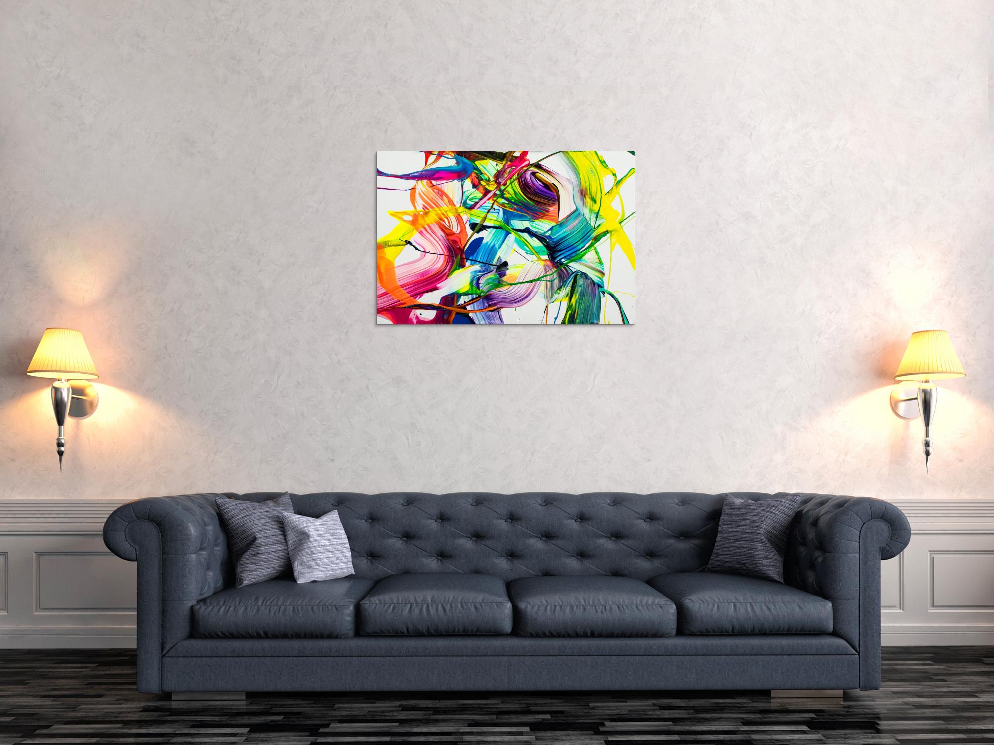 Original Gemälde abstrakt 60x90cm Action Painting Moderne Kunst auf Leinwand NEON Farben weiß bunt gelb einzigartig