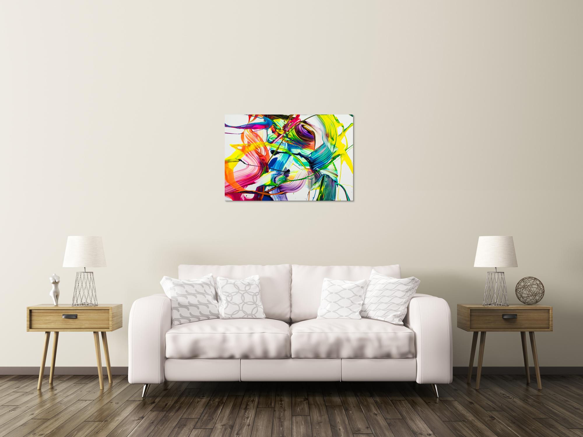 Original Gemälde abstrakt 60x90cm Action Painting Moderne Kunst auf Leinwand NEON Farben weiß bunt gelb einzigartig