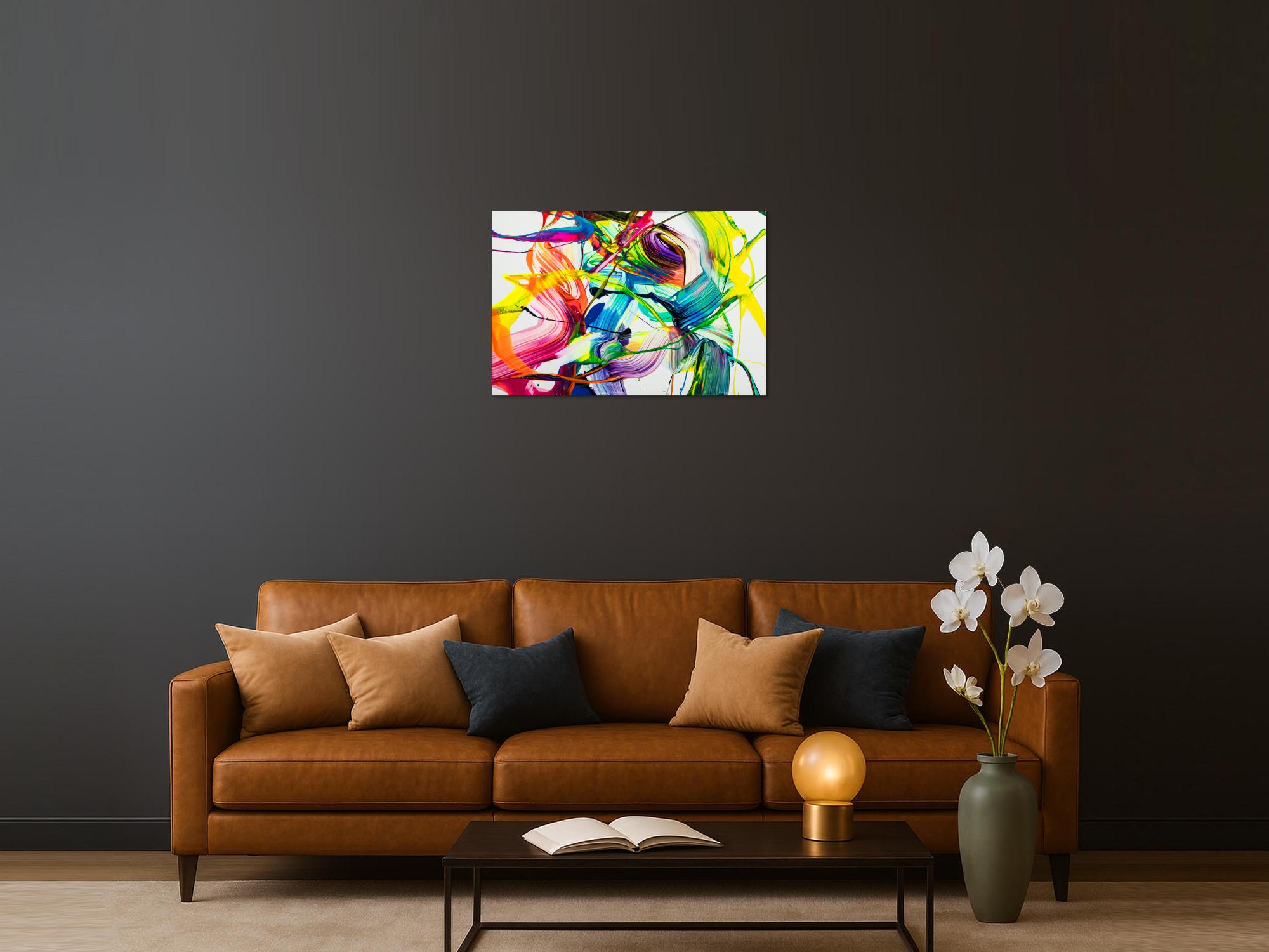 Original Gemälde abstrakt 60x90cm Action Painting Moderne Kunst auf Leinwand NEON Farben weiß bunt gelb einzigartig