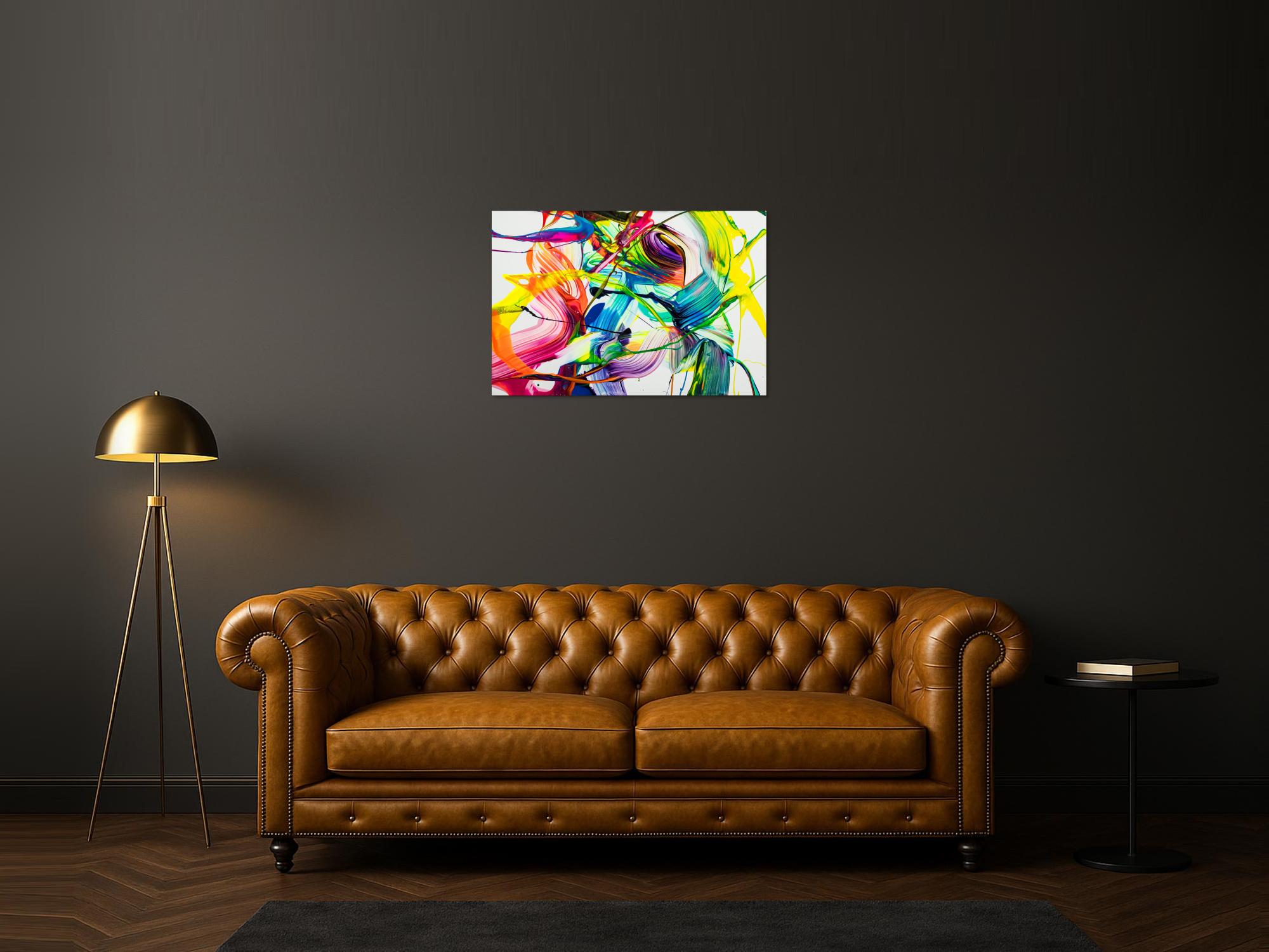 Original Gemälde abstrakt 60x90cm Action Painting Moderne Kunst auf Leinwand NEON Farben weiß bunt gelb einzigartig