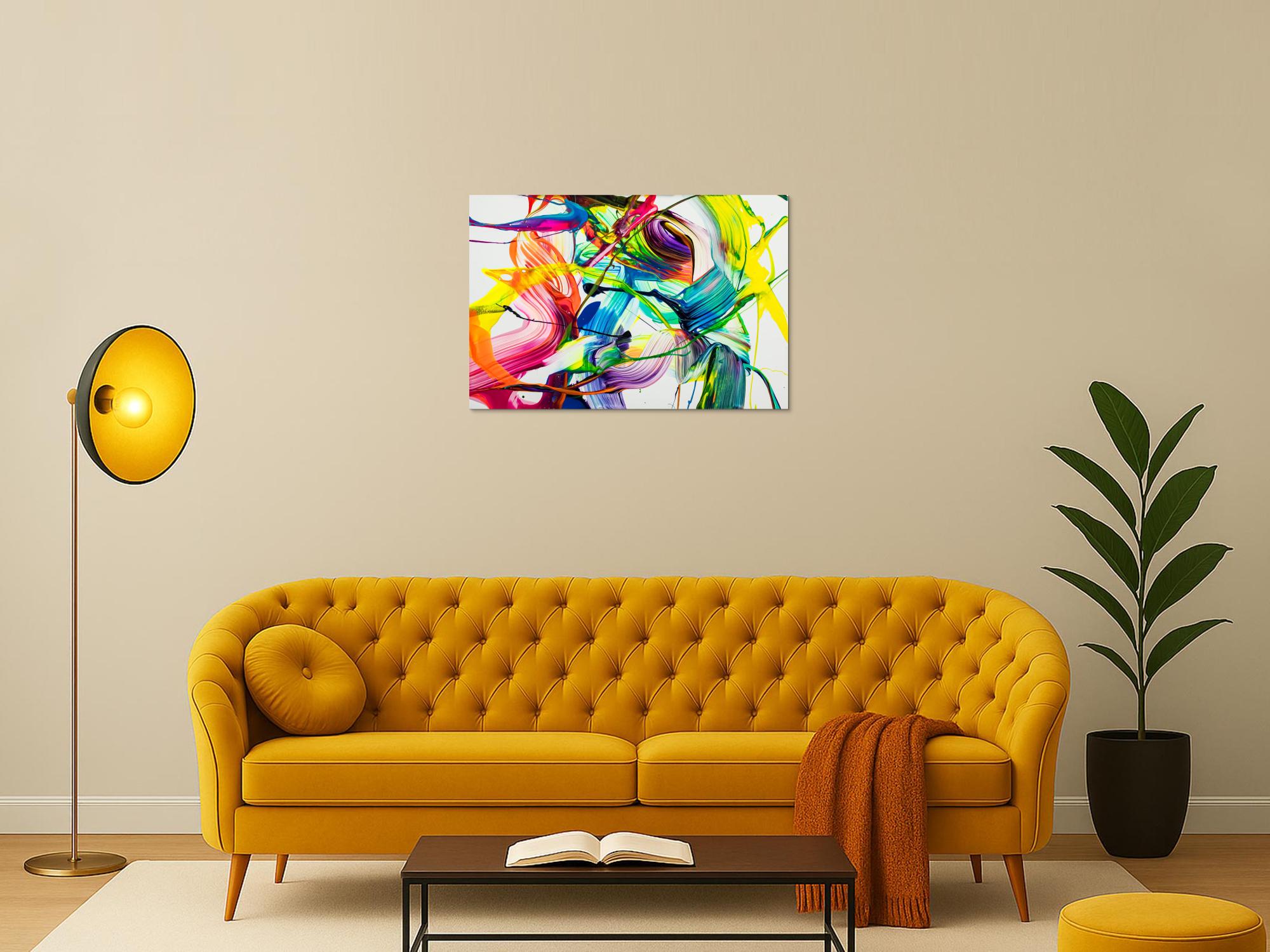 Original Gemälde abstrakt 60x90cm Action Painting Moderne Kunst auf Leinwand NEON Farben weiß bunt gelb einzigartig