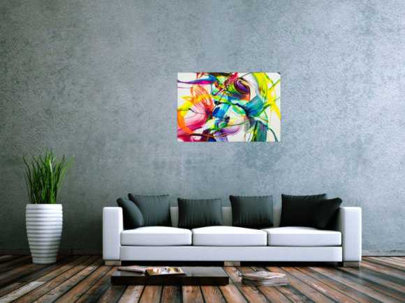 Original Gemälde abstrakt 60x90cm Action Painting Moderne Kunst auf Leinwand NEON Farben weiß bunt gelb einzigartig