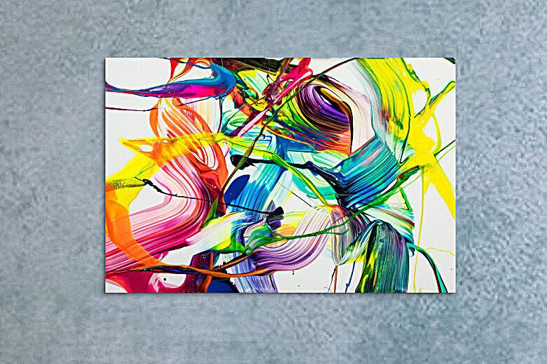 Original Gemälde abstrakt 60x90cm Action Painting Moderne Kunst auf Leinwand NEON Farben weiß bunt gelb einzigartig