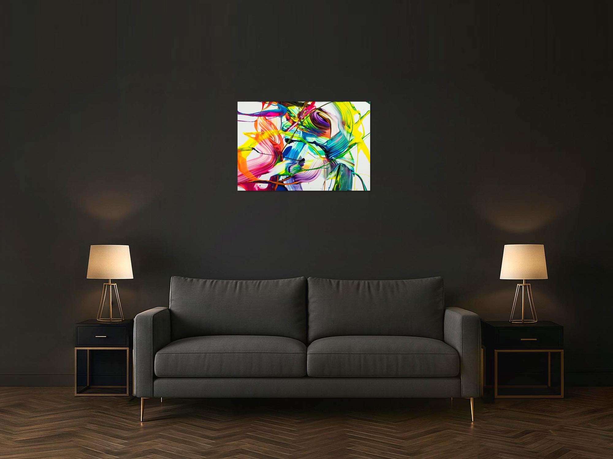 Original Gemälde abstrakt 60x90cm Action Painting Moderne Kunst auf Leinwand NEON Farben weiß bunt gelb einzigartig