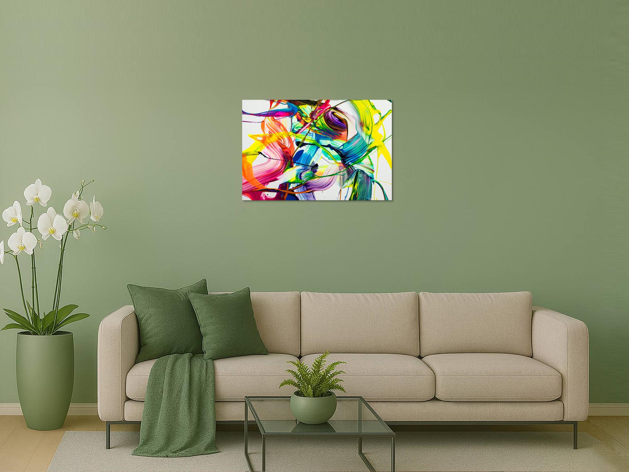 Original Gemälde abstrakt 60x90cm Action Painting Moderne Kunst auf Leinwand NEON Farben weiß bunt gelb einzigartig