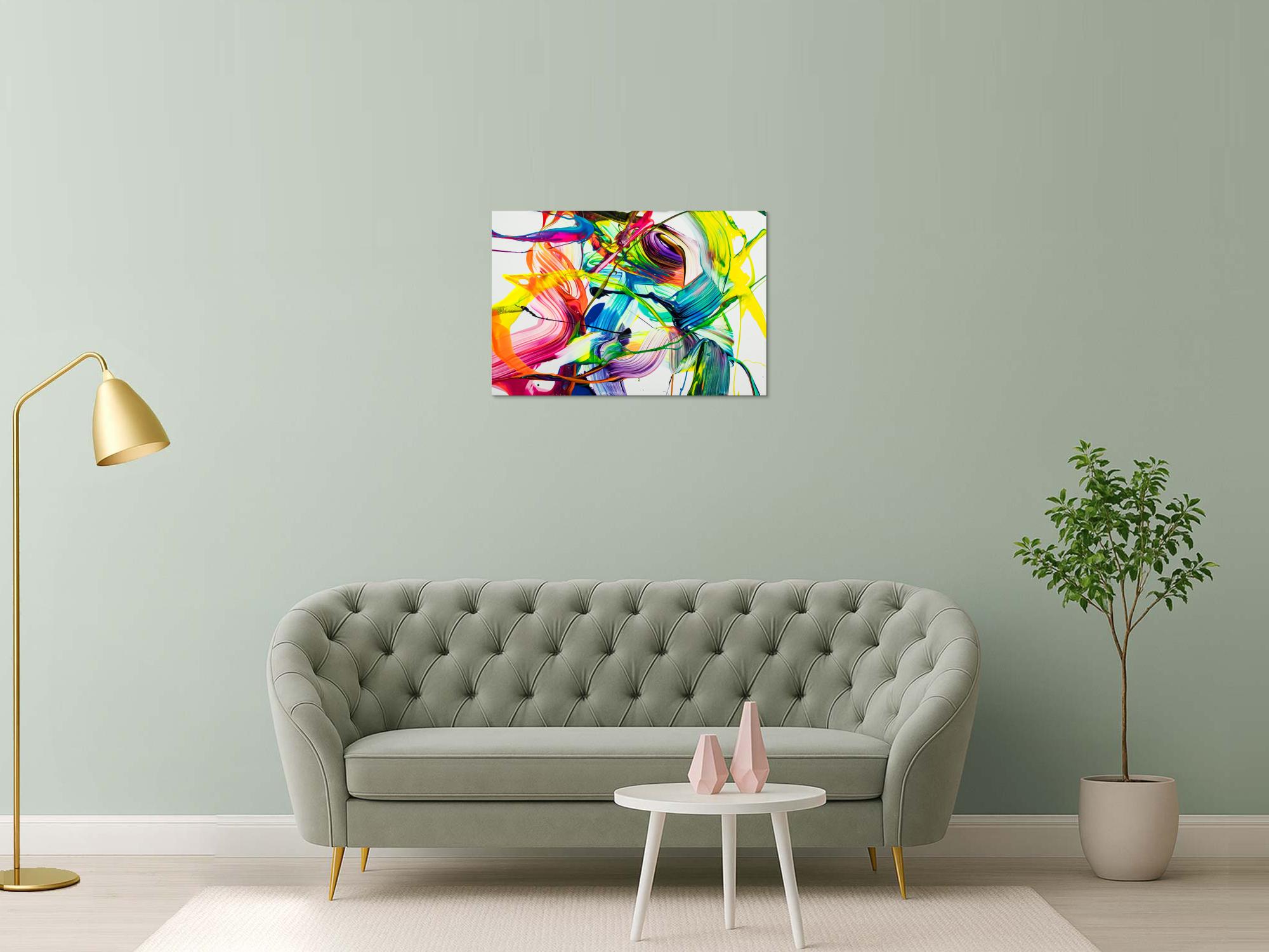 Original Gemälde abstrakt 60x90cm Action Painting Moderne Kunst auf Leinwand NEON Farben weiß bunt gelb einzigartig