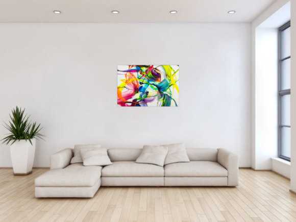 Original Gemälde abstrakt 60x90cm Action Painting Moderne Kunst auf Leinwand NEON Farben weiß bunt gelb einzigartig