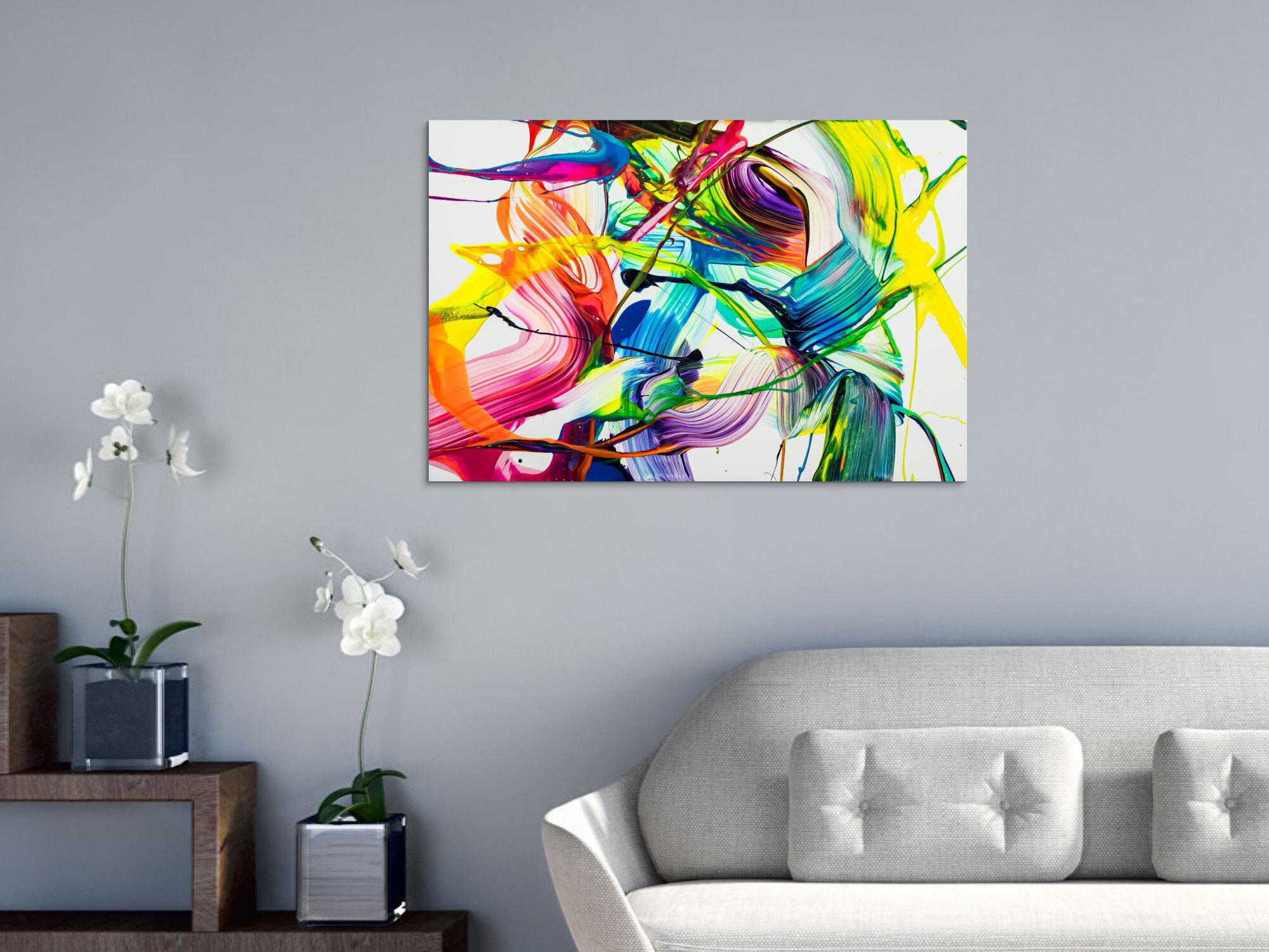 Original Gemälde abstrakt 60x90cm Action Painting Moderne Kunst auf Leinwand NEON Farben weiß bunt gelb einzigartig