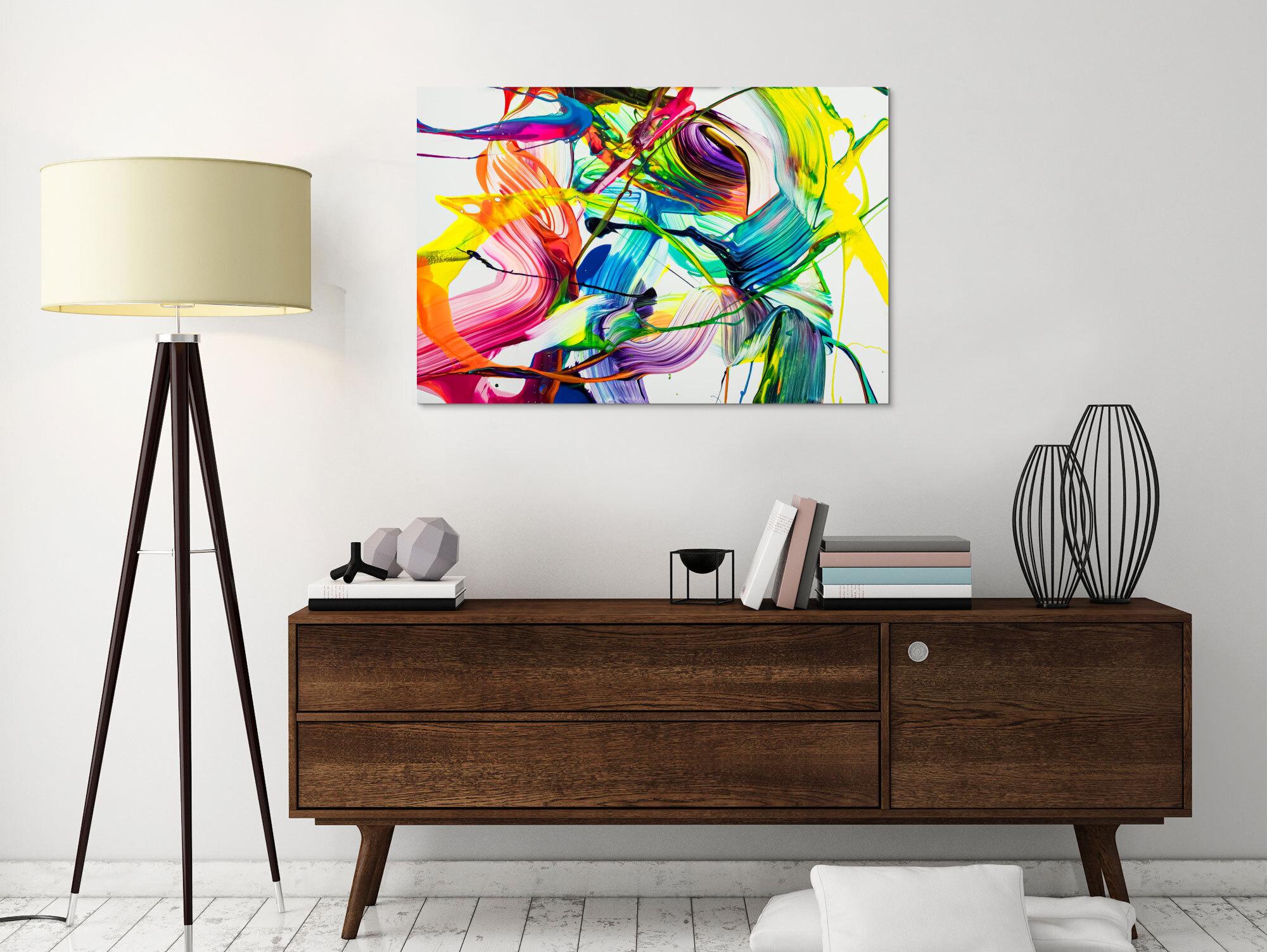 Original Gemälde abstrakt 60x90cm Action Painting Moderne Kunst auf Leinwand NEON Farben weiß bunt gelb einzigartig