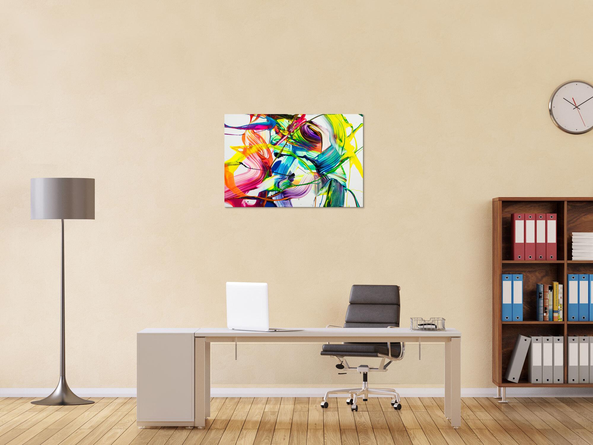 Original Gemälde abstrakt 60x90cm Action Painting Moderne Kunst auf Leinwand NEON Farben weiß bunt gelb einzigartig