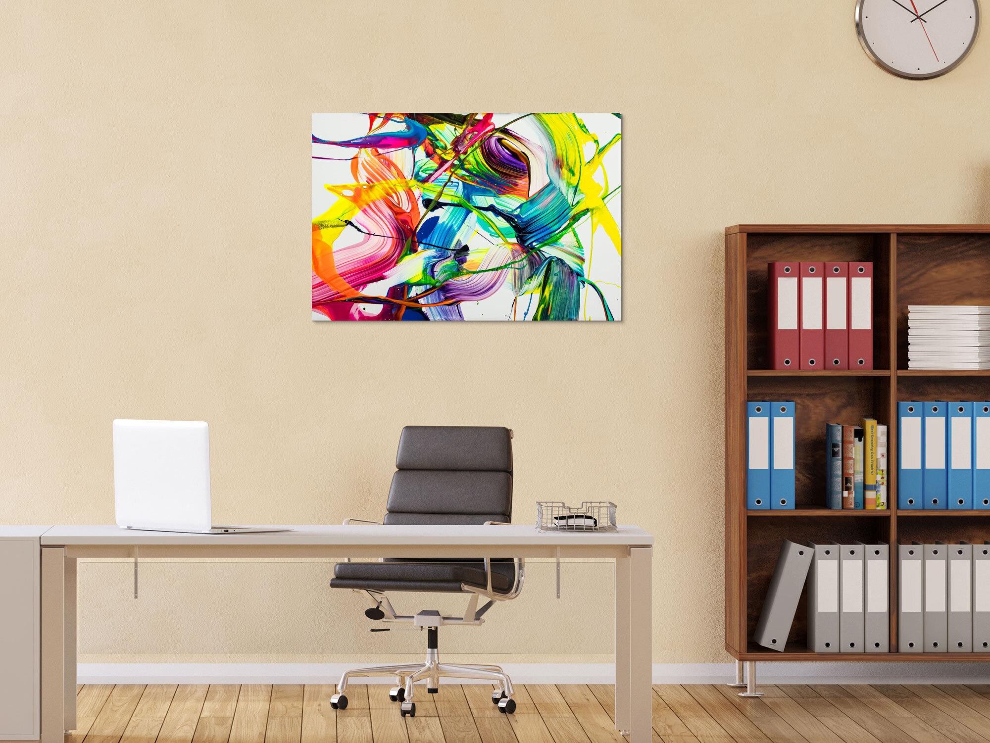 Original Gemälde abstrakt 60x90cm Action Painting Moderne Kunst auf Leinwand NEON Farben weiß bunt gelb einzigartig