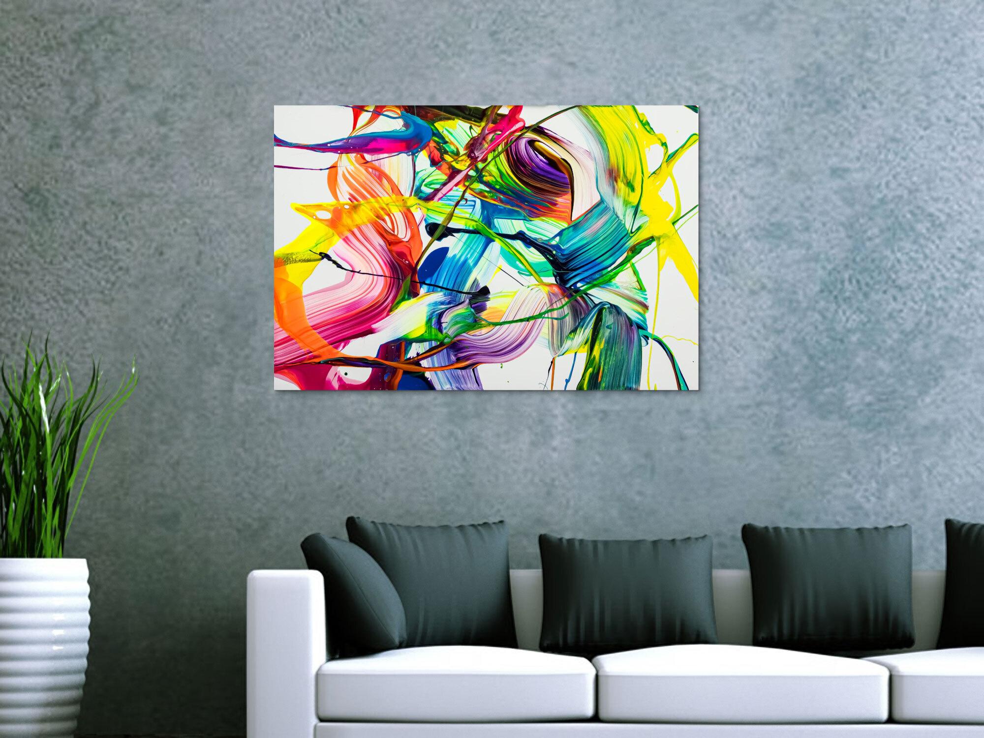 Original Gemälde abstrakt 60x90cm Action Painting Moderne Kunst auf Leinwand NEON Farben weiß bunt gelb einzigartig
