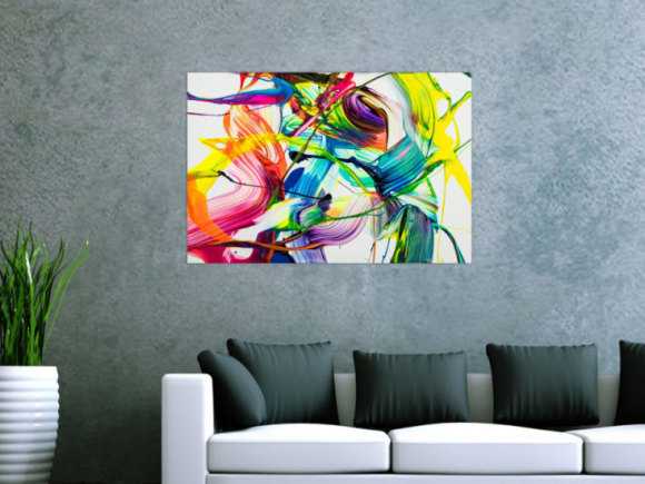 Original Gemälde abstrakt 60x90cm Action Painting Moderne Kunst auf Leinwand NEON Farben weiß bunt gelb einzigartig