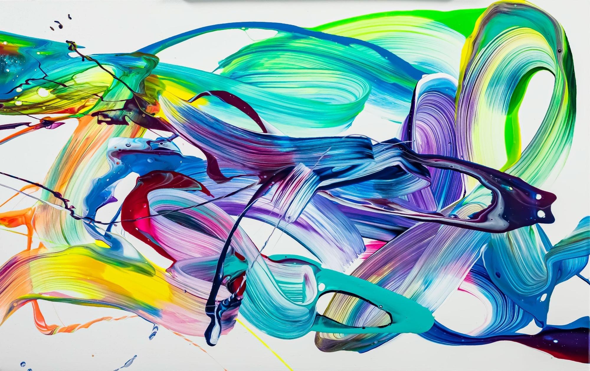 Original Gemälde abstrakt 60x90cm Action Painting expressionistisch handgefertigt Splash Art weiß türkis blau einzigartig