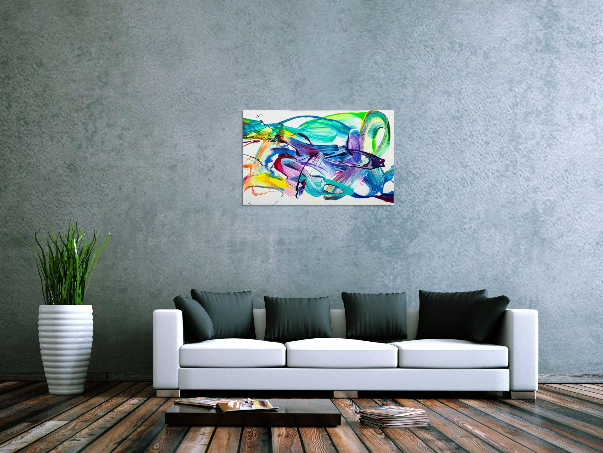 Original Gemälde abstrakt 60x90cm Action Painting expressionistisch handgefertigt Splash Art weiß türkis blau einzigartig