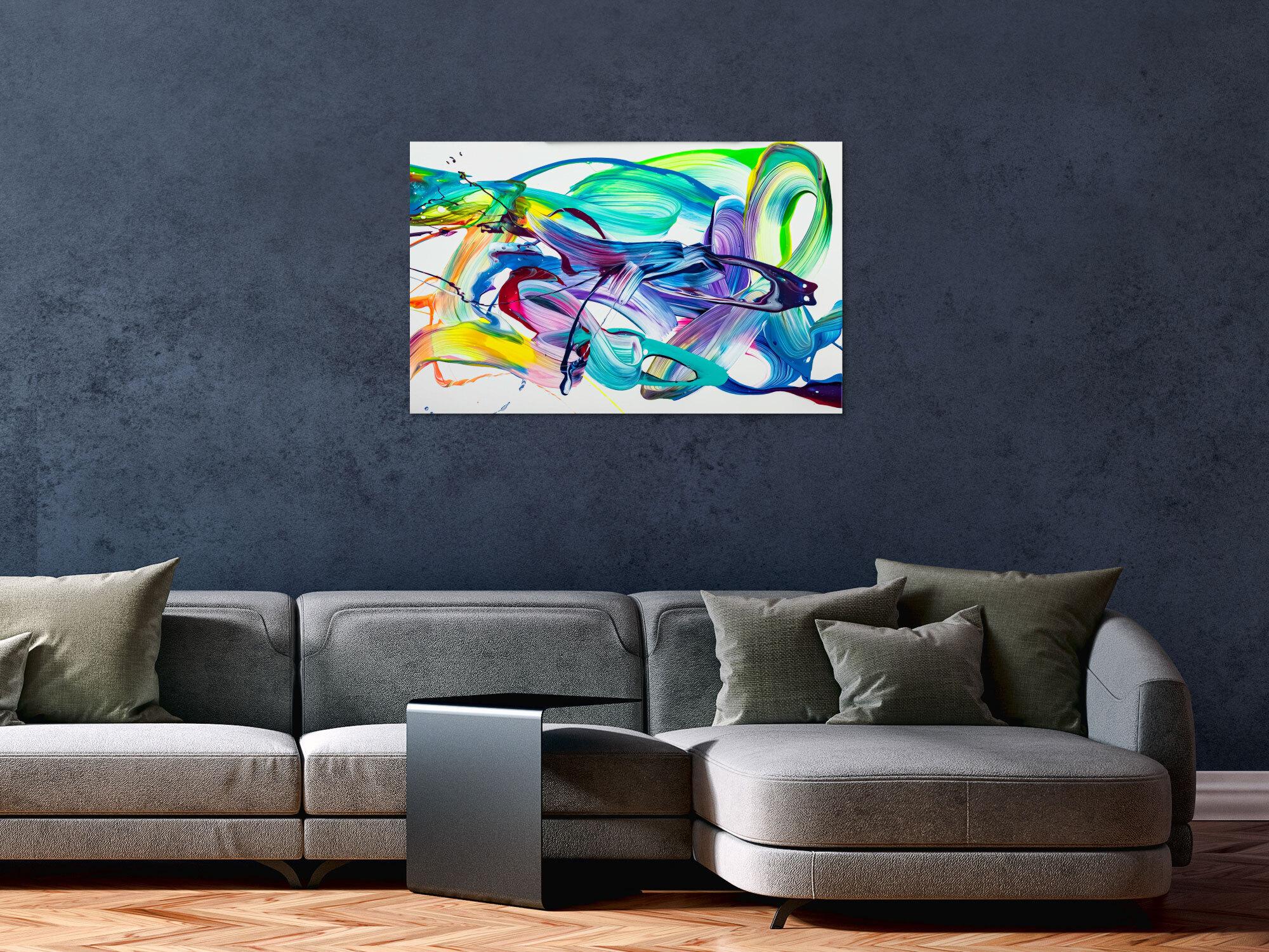 Original Gemälde abstrakt 60x90cm Action Painting expressionistisch handgefertigt Splash Art weiß türkis blau einzigartig