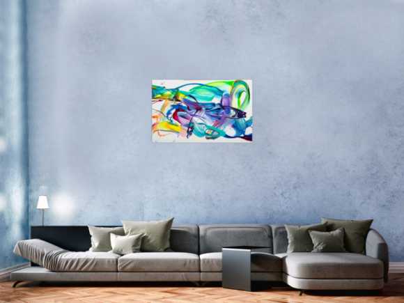 Original Gemälde abstrakt 60x90cm Action Painting expressionistisch handgefertigt Splash Art weiß türkis blau einzigartig