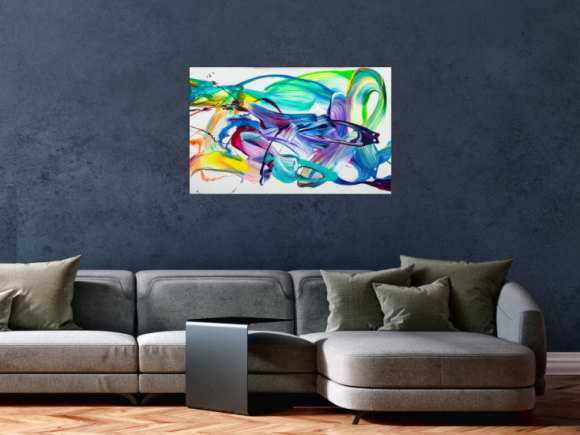 Original Gemälde abstrakt 60x90cm Action Painting expressionistisch handgefertigt Splash Art weiß türkis blau einzigartig