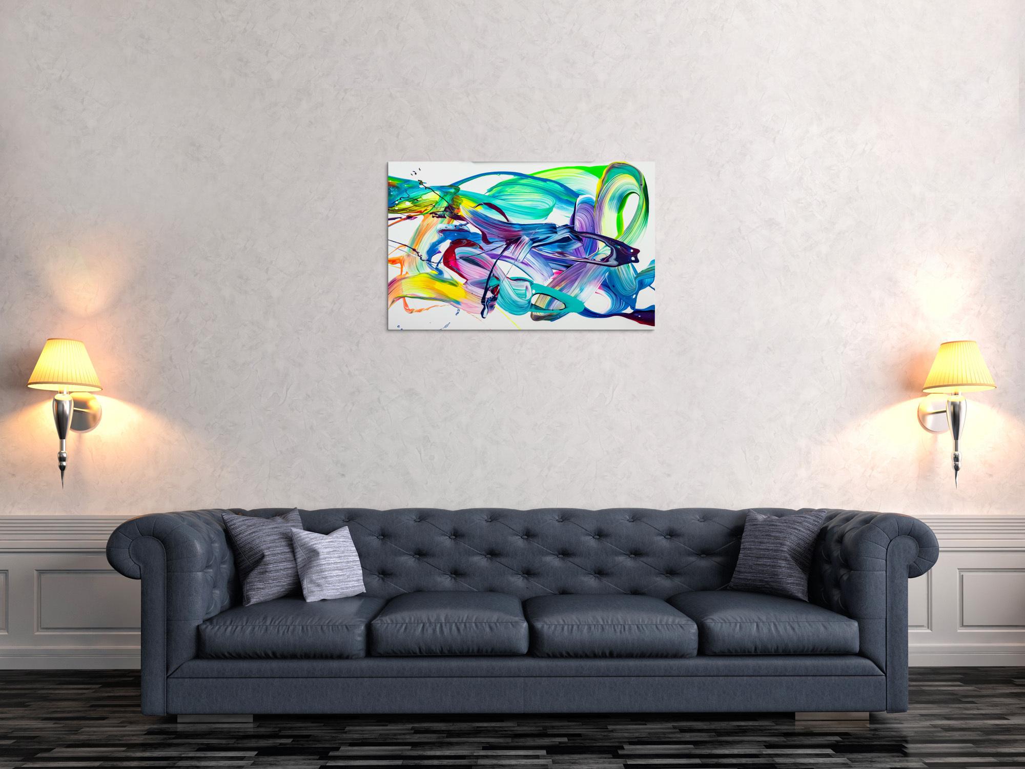 Original Gemälde abstrakt 60x90cm Action Painting expressionistisch handgefertigt Splash Art weiß türkis blau einzigartig