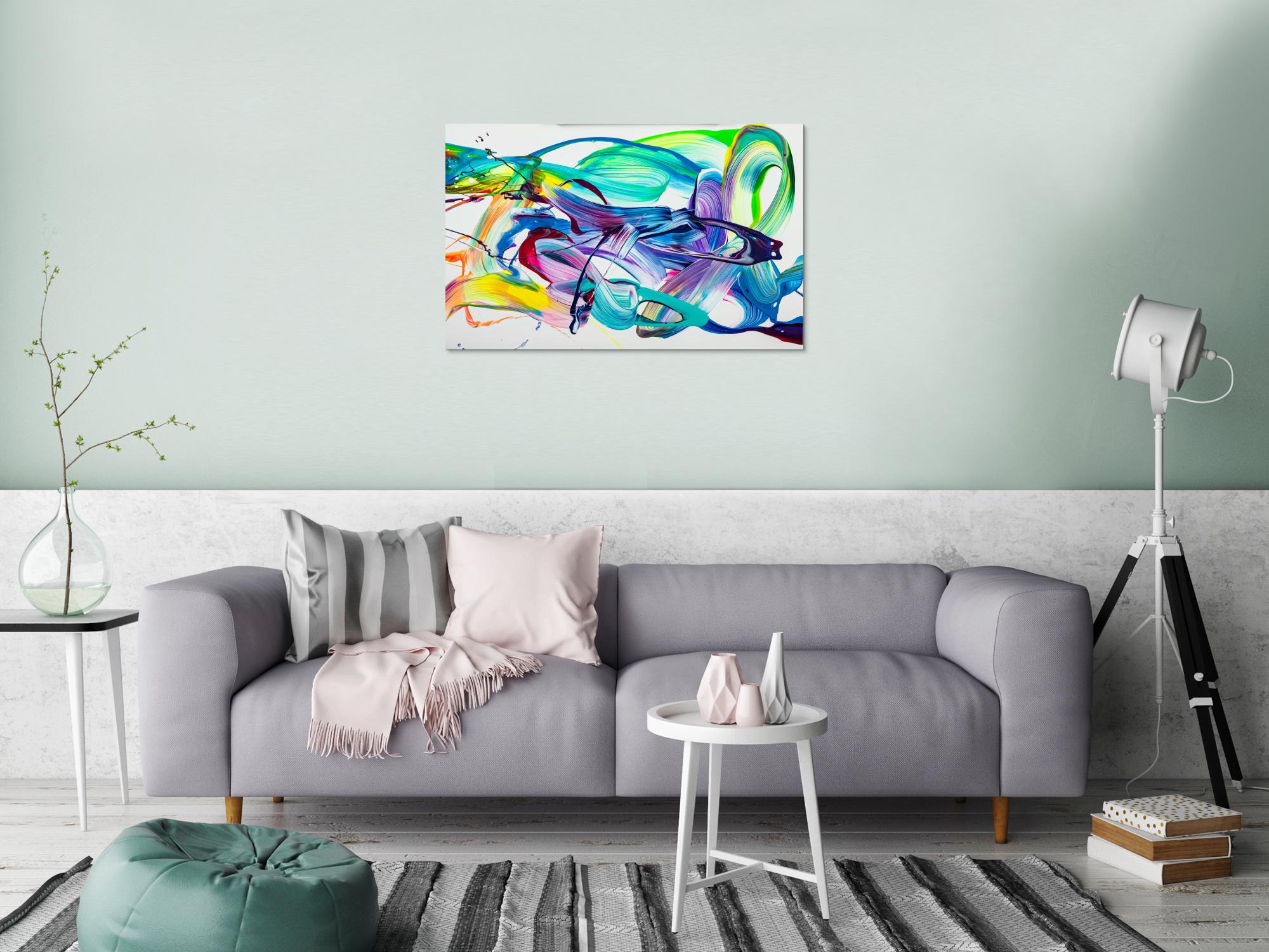 Original Gemälde abstrakt 60x90cm Action Painting expressionistisch handgefertigt Splash Art weiß türkis blau einzigartig