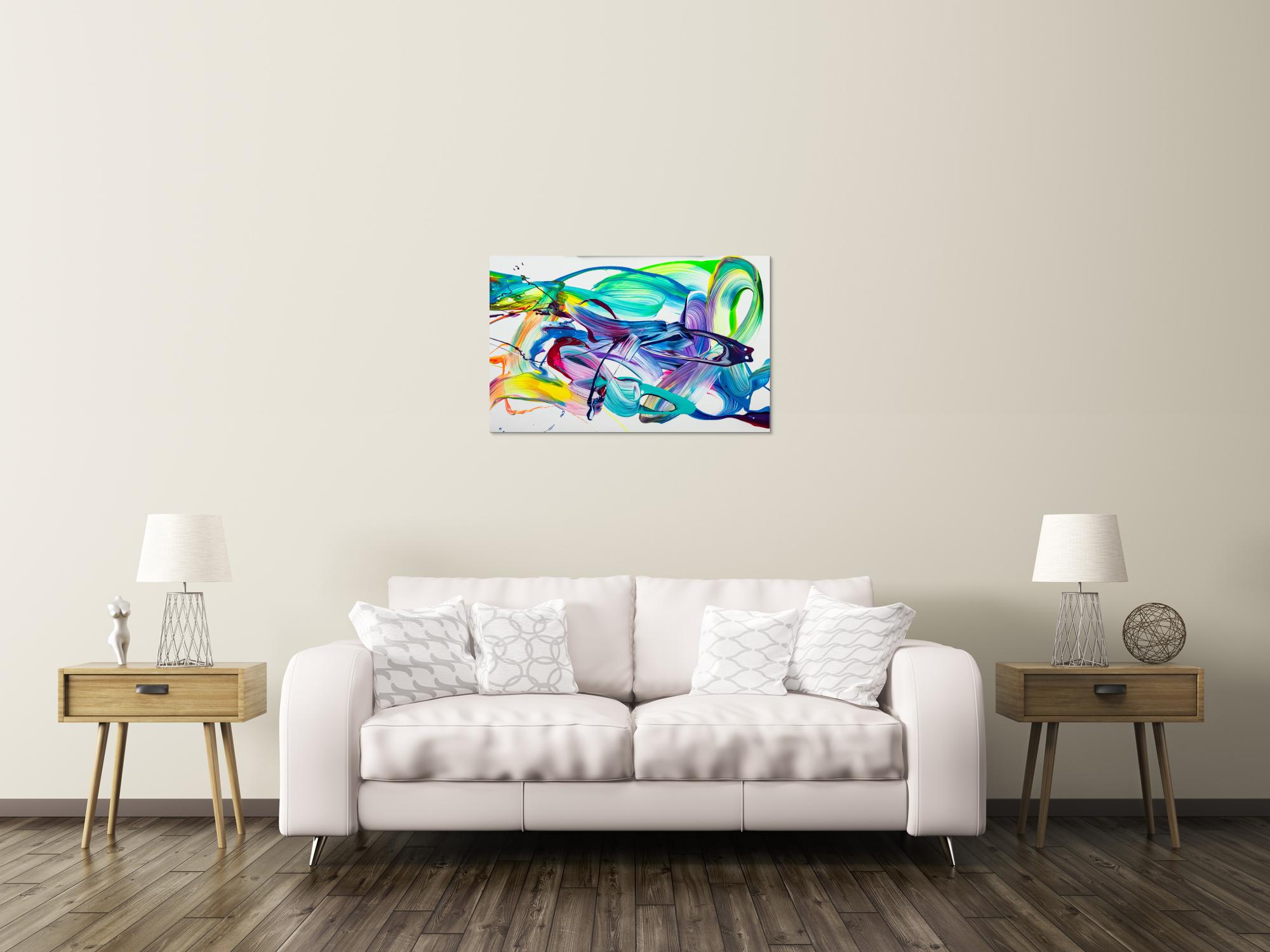 Original Gemälde abstrakt 60x90cm Action Painting expressionistisch handgefertigt Splash Art weiß türkis blau einzigartig