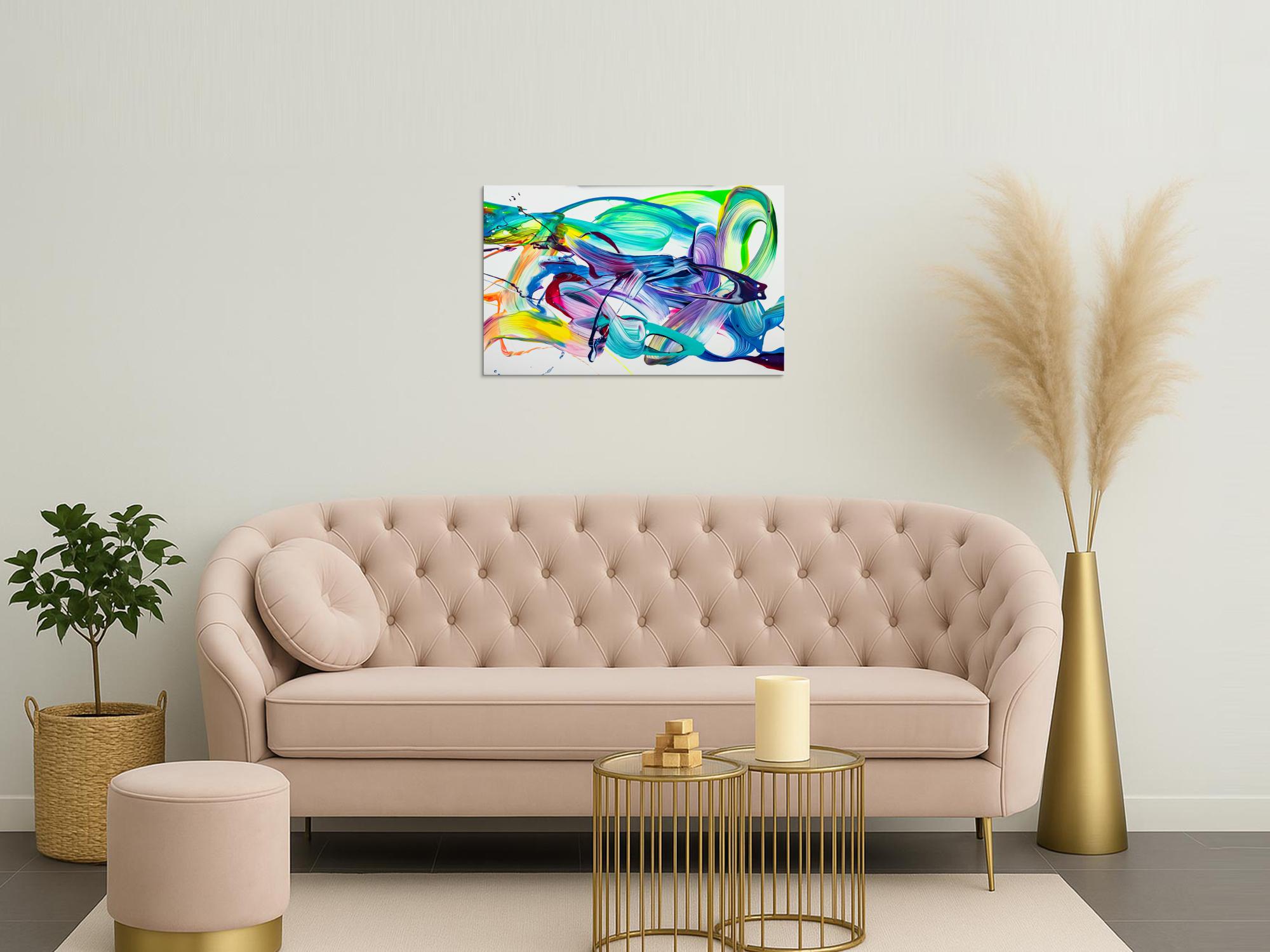 Original Gemälde abstrakt 60x90cm Action Painting expressionistisch handgefertigt Splash Art weiß türkis blau einzigartig