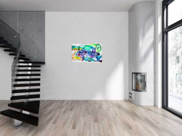 Original Gemälde abstrakt 60x90cm Action Painting expressionistisch handgefertigt Splash Art weiß türkis blau einzigartig