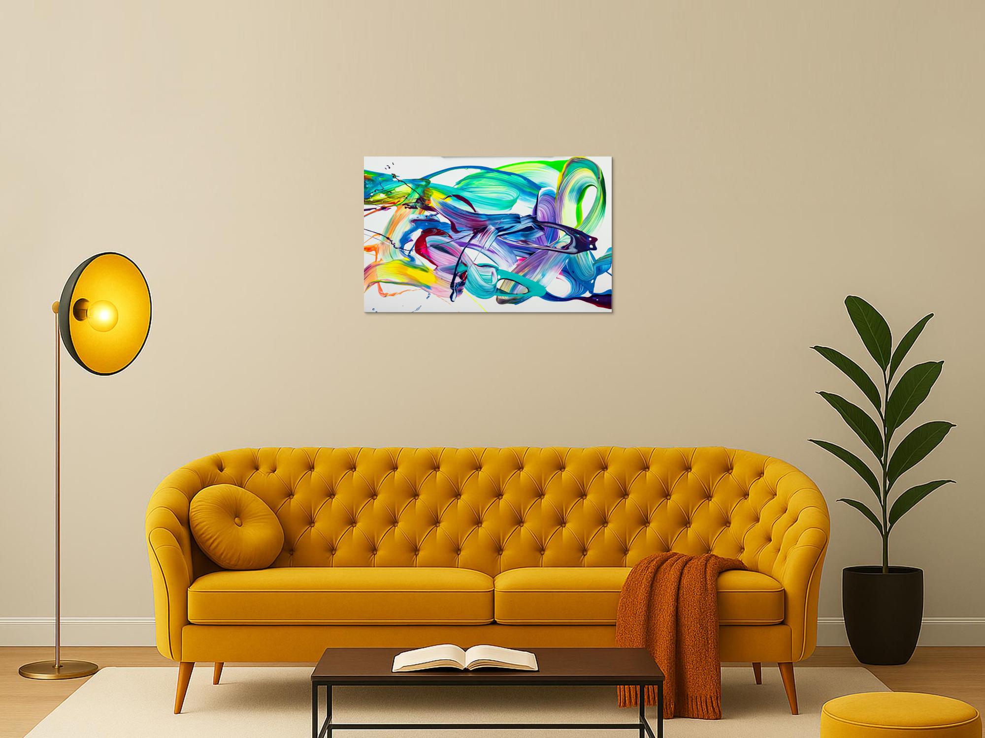 Original Gemälde abstrakt 60x90cm Action Painting expressionistisch handgefertigt Splash Art weiß türkis blau einzigartig