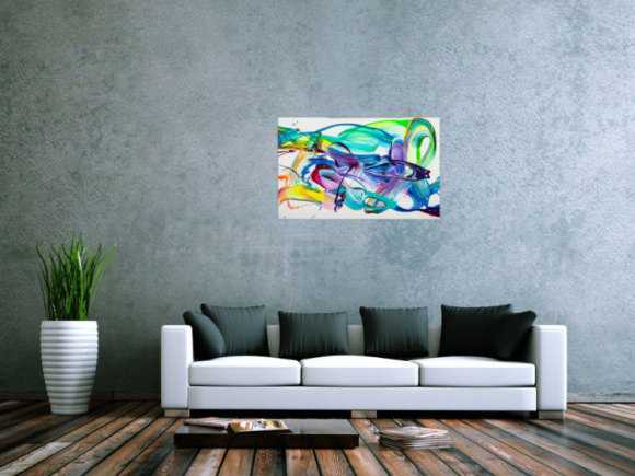 Original Gemälde abstrakt 60x90cm Action Painting expressionistisch handgefertigt Splash Art weiß türkis blau einzigartig