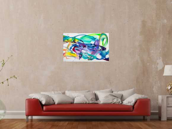 Original Gemälde abstrakt 60x90cm Action Painting expressionistisch handgefertigt Splash Art weiß türkis blau einzigartig
