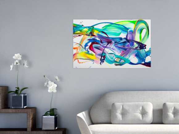 Original Gemälde abstrakt 60x90cm Action Painting expressionistisch handgefertigt Splash Art weiß türkis blau einzigartig