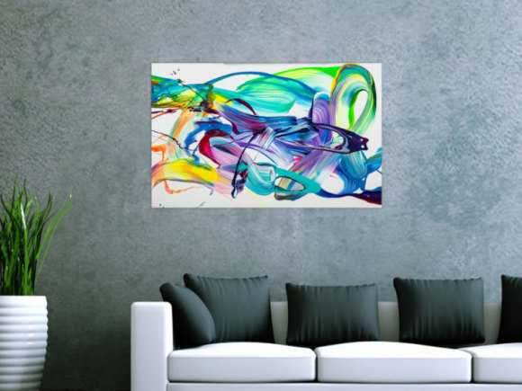 Original Gemälde abstrakt 60x90cm Action Painting expressionistisch handgefertigt Splash Art weiß türkis blau einzigartig