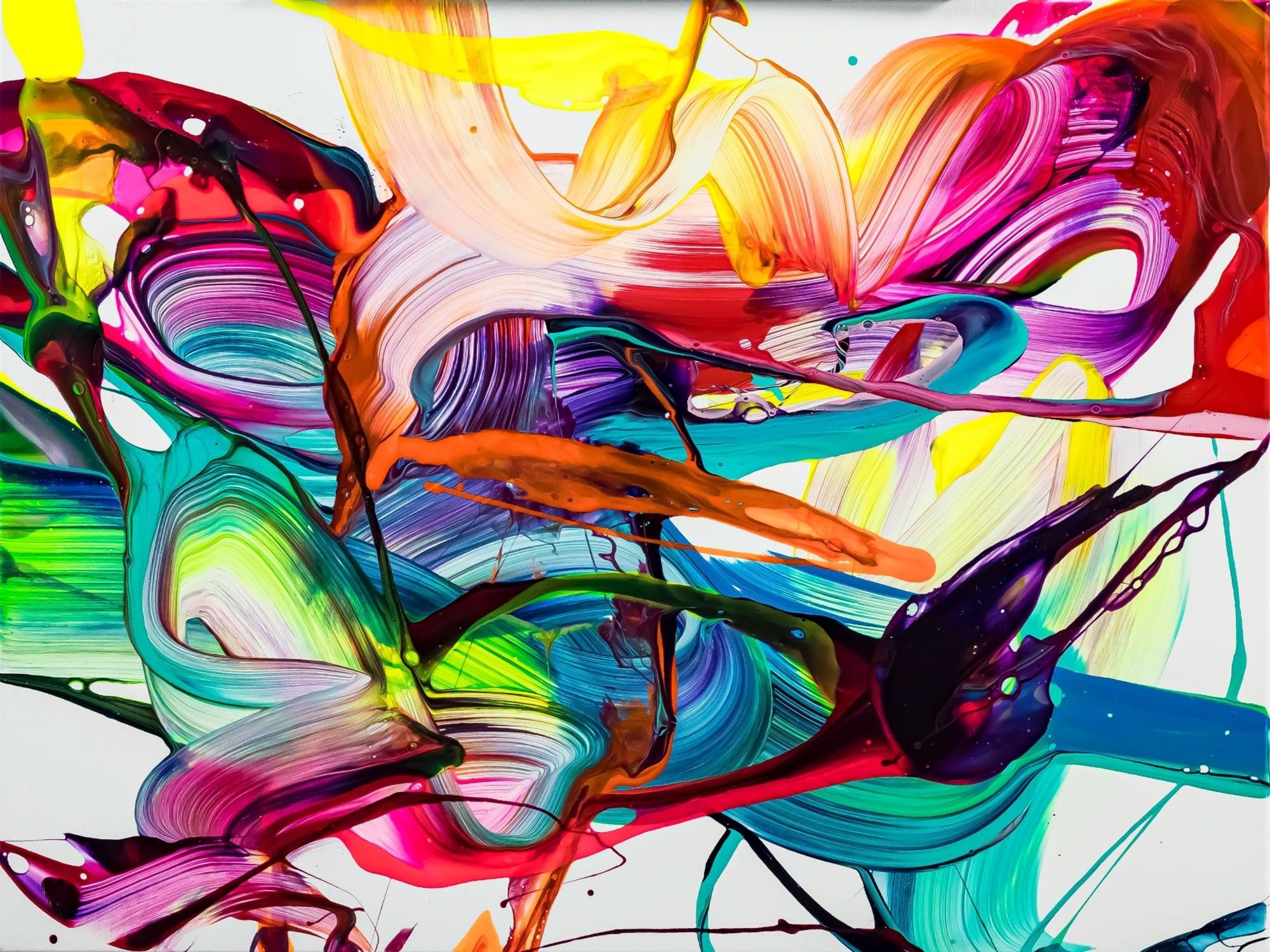 Acrylbild abstrakt 60x80cm Action Painting zeitgenössisch auf Leinwand Splash Art NEON Farben bunt weiß türkis