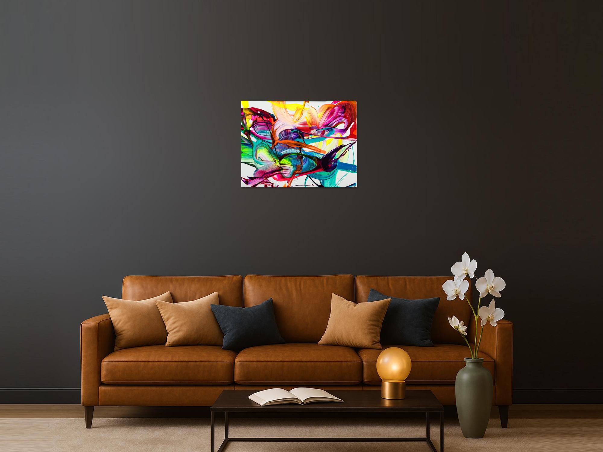 Acrylbild abstrakt 60x80cm Action Painting zeitgenössisch auf Leinwand Splash Art NEON Farben bunt weiß türkis