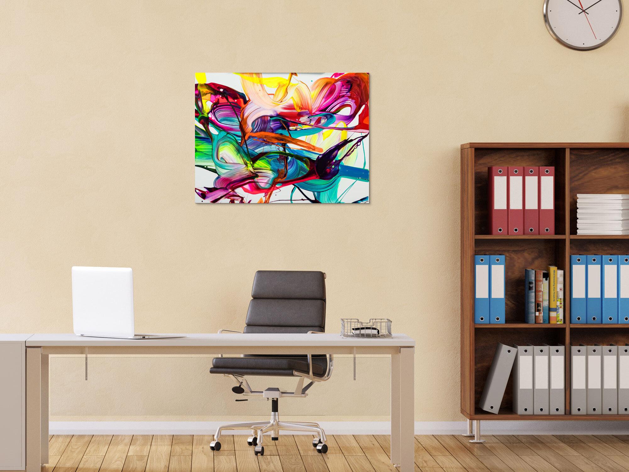 Acrylbild abstrakt 60x80cm Action Painting zeitgenössisch auf Leinwand Splash Art NEON Farben bunt weiß türkis