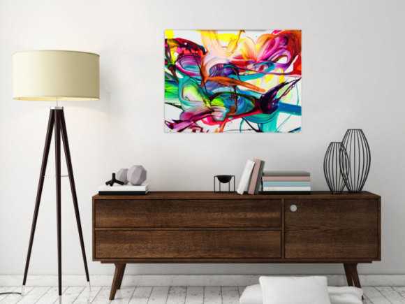Acrylbild abstrakt 60x80cm Action Painting zeitgenössisch auf Leinwand Splash Art NEON Farben bunt weiß türkis