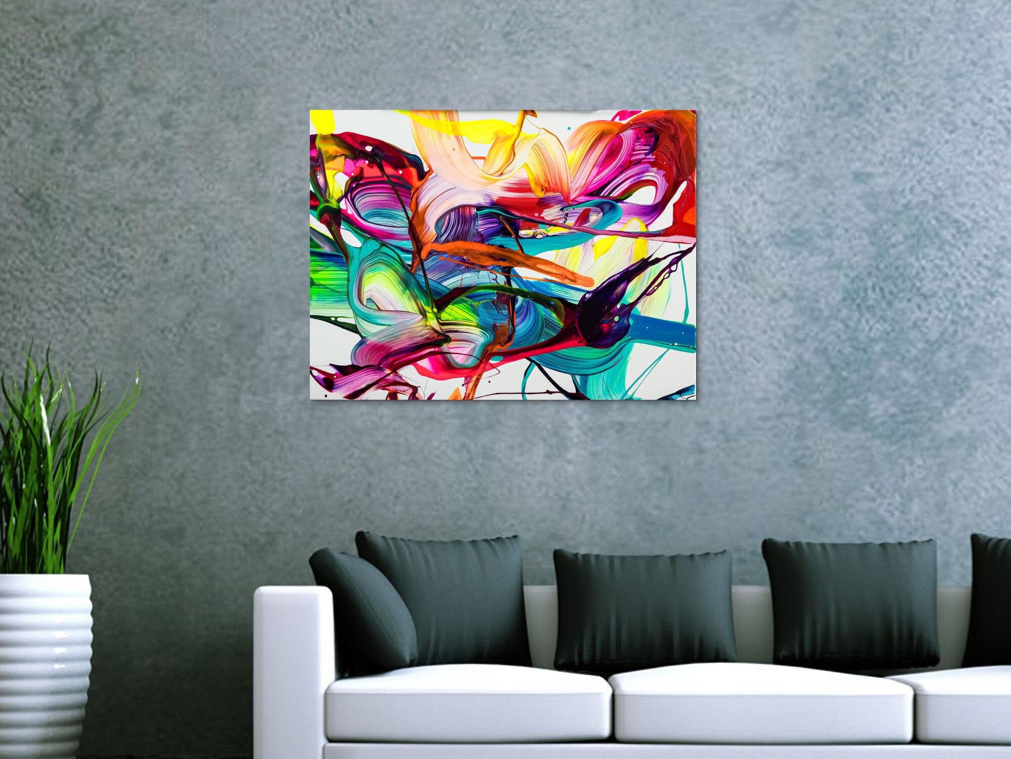 Acrylbild abstrakt 60x80cm Action Painting zeitgenössisch auf Leinwand Splash Art NEON Farben bunt weiß türkis