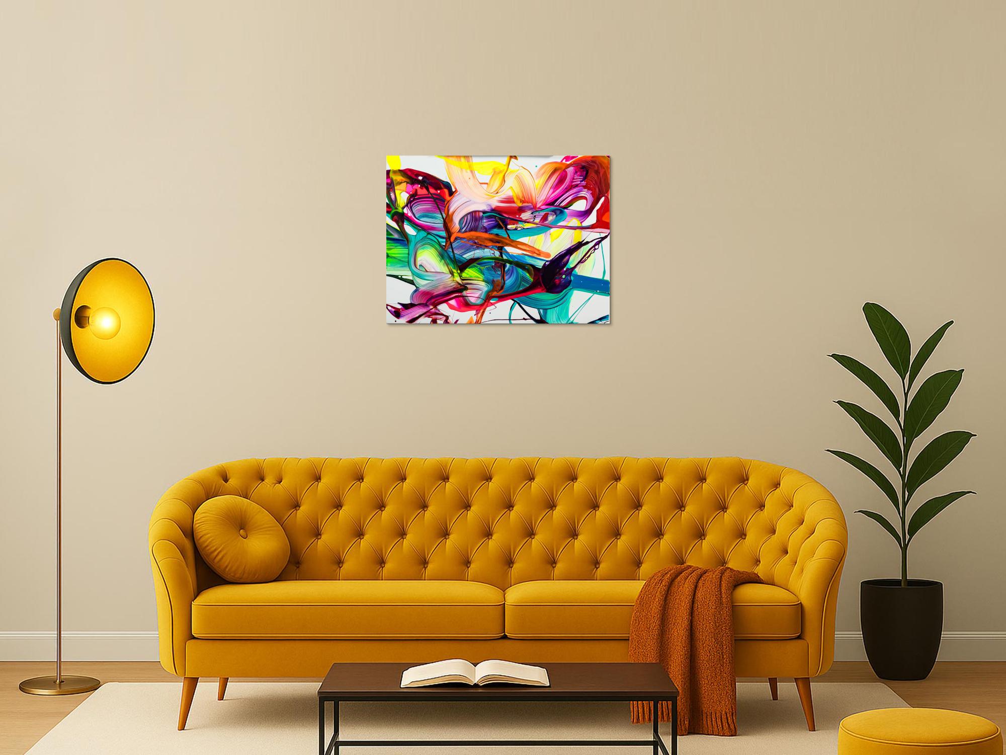 Acrylbild abstrakt 60x80cm Action Painting zeitgenössisch auf Leinwand Splash Art NEON Farben bunt weiß türkis