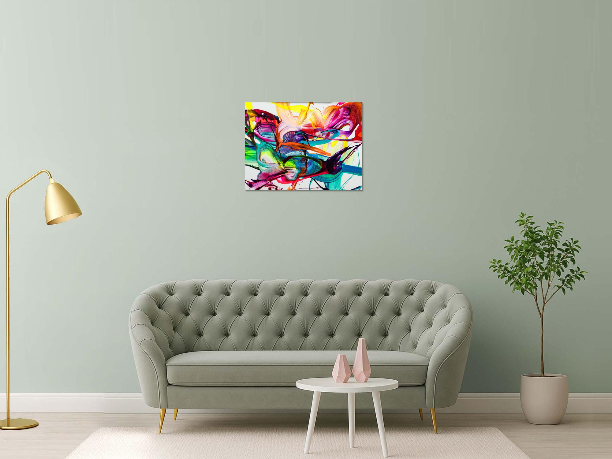 Acrylbild abstrakt 60x80cm Action Painting zeitgenössisch auf Leinwand Splash Art NEON Farben bunt weiß türkis